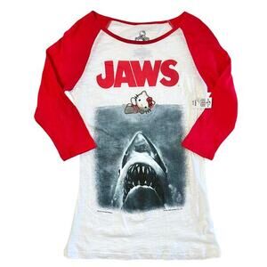 NWT Hello Kitty x Universal Studios Sanrio Jaws Poster 3/4-Sleeve Baseball Tee